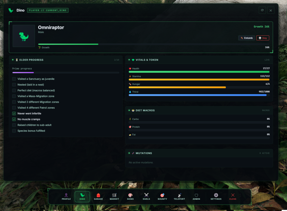 Overlay: dino status with vitals, diet macros and elder progress