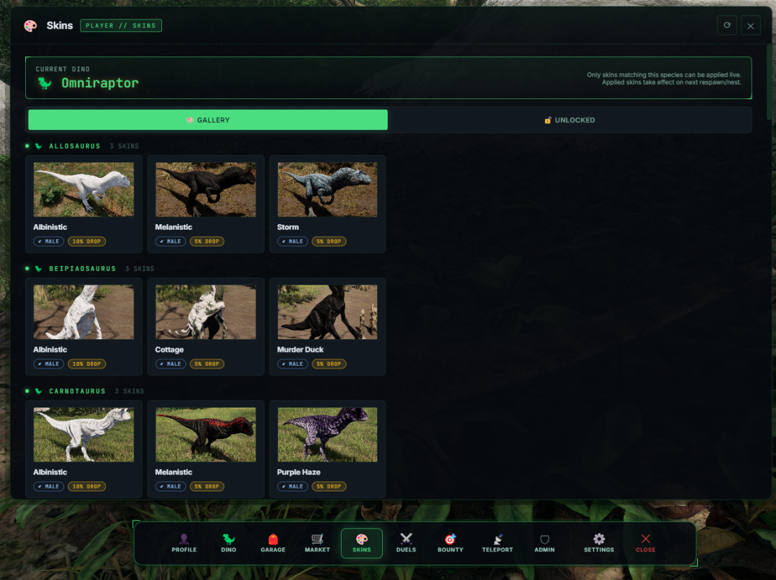 Overlay: skin gallery grouped by species with drop rates